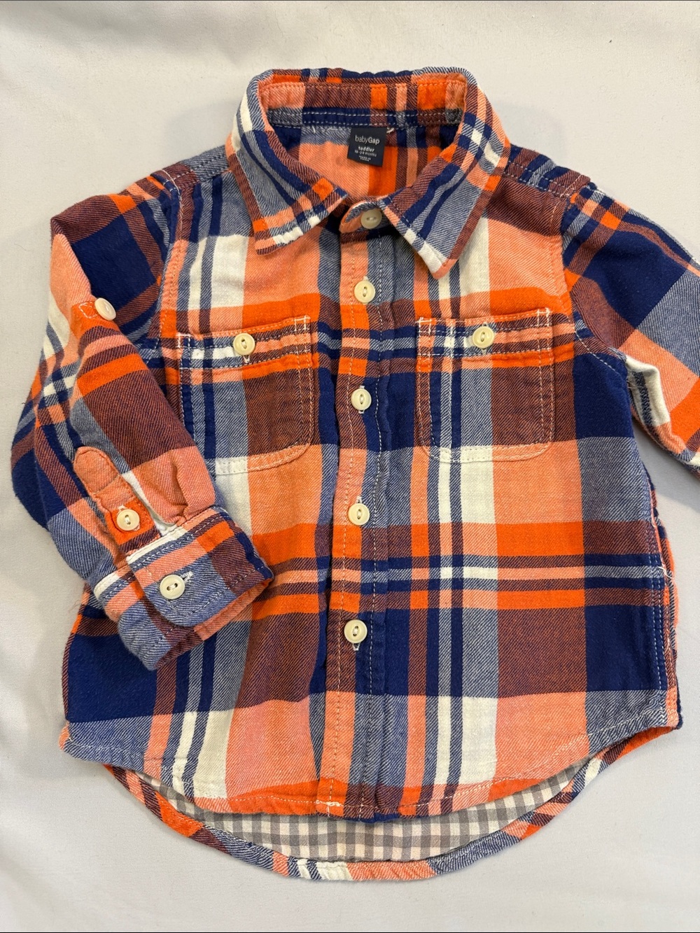 GAP Orange Navy White Plaid Button-Front Shirt flannel. Lined. Roll up sleeves